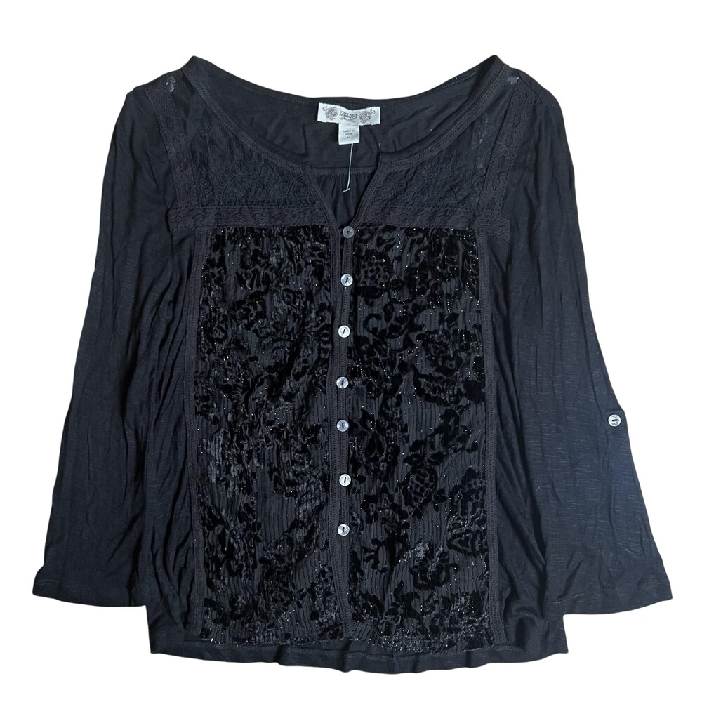 Vintage America Blues Button-Up Womens M Black Tunic Viscose Nylon Lined Sequin